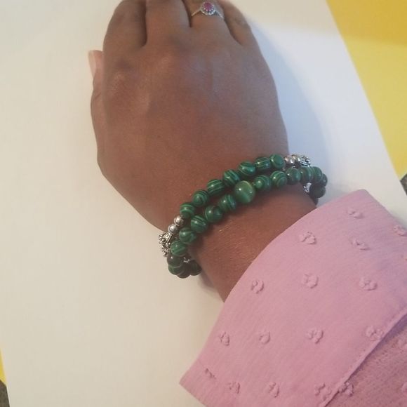 Mens 2 Pc. Green Malachite & Silverplated Expansion Bracelets Custom Made 8" - Picture 12 of 15
